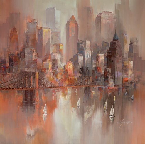 View Over Brooklyn Bridge by Wilfred - Original Painting on Box Canvas